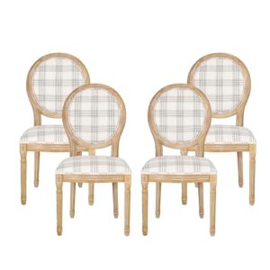 christopher knight home phinnaeus dining chair set, set of 4, wood, gray plaid + light beige + natural