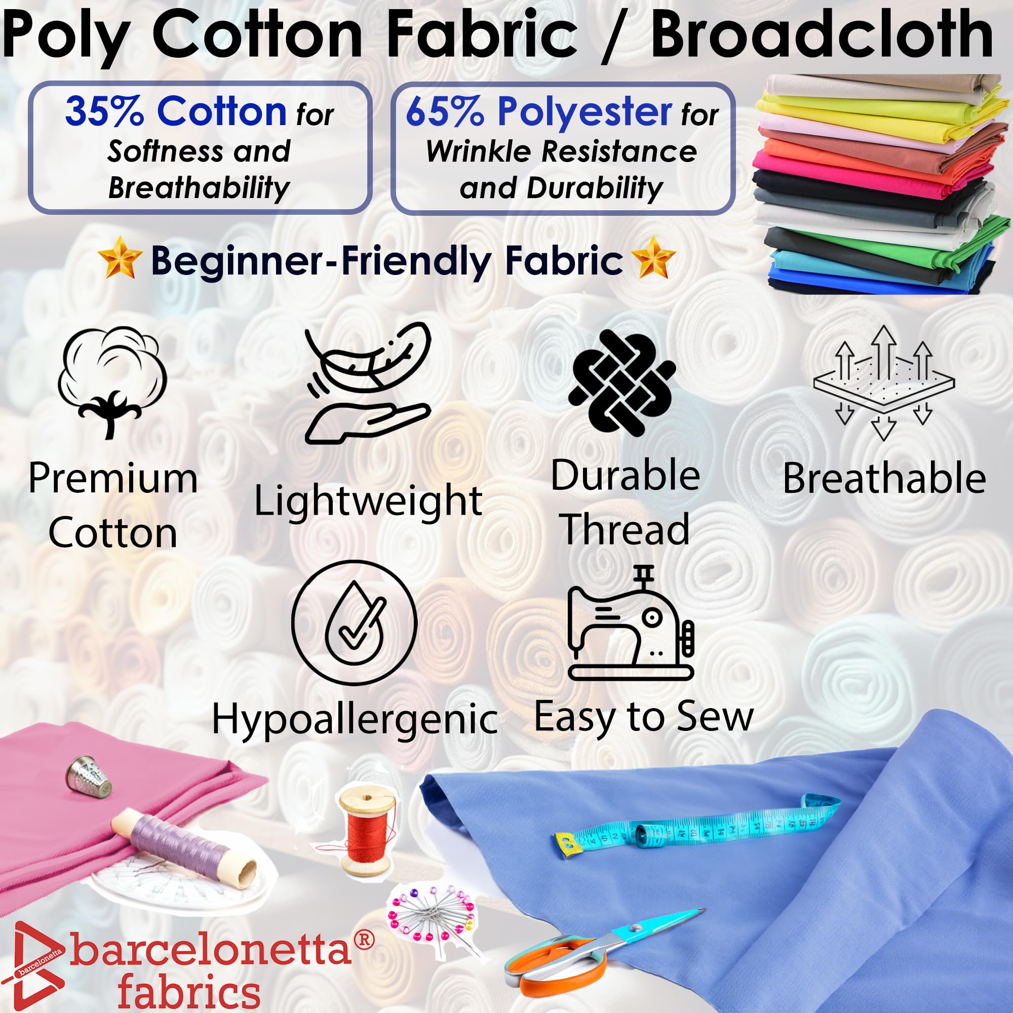 Barcelonetta | Poly Cotton Fabric for Sewing | Broadcloth Fabric | by The Yard | 60" Wide Roll | Lightweight, Breathable | Lining, Home Textile, Skirts, Tote Bags (Navy, 2 Yard)