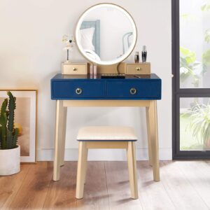 GOFLAME Vanity Table Set 3 Color LED Lighting Modes Touch Screen Dimming Mirror, Jewelry Divider Dressing Table with Round Mirror and Soft Cushioned Stool, 4 Drawers Storage Shelf (Navy)