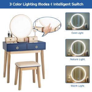 GOFLAME Vanity Table Set 3 Color LED Lighting Modes Touch Screen Dimming Mirror, Jewelry Divider Dressing Table with Round Mirror and Soft Cushioned Stool, 4 Drawers Storage Shelf (Navy)