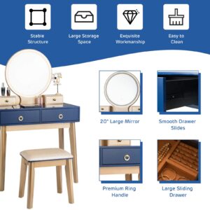 GOFLAME Vanity Table Set 3 Color LED Lighting Modes Touch Screen Dimming Mirror, Jewelry Divider Dressing Table with Round Mirror and Soft Cushioned Stool, 4 Drawers Storage Shelf (Navy)