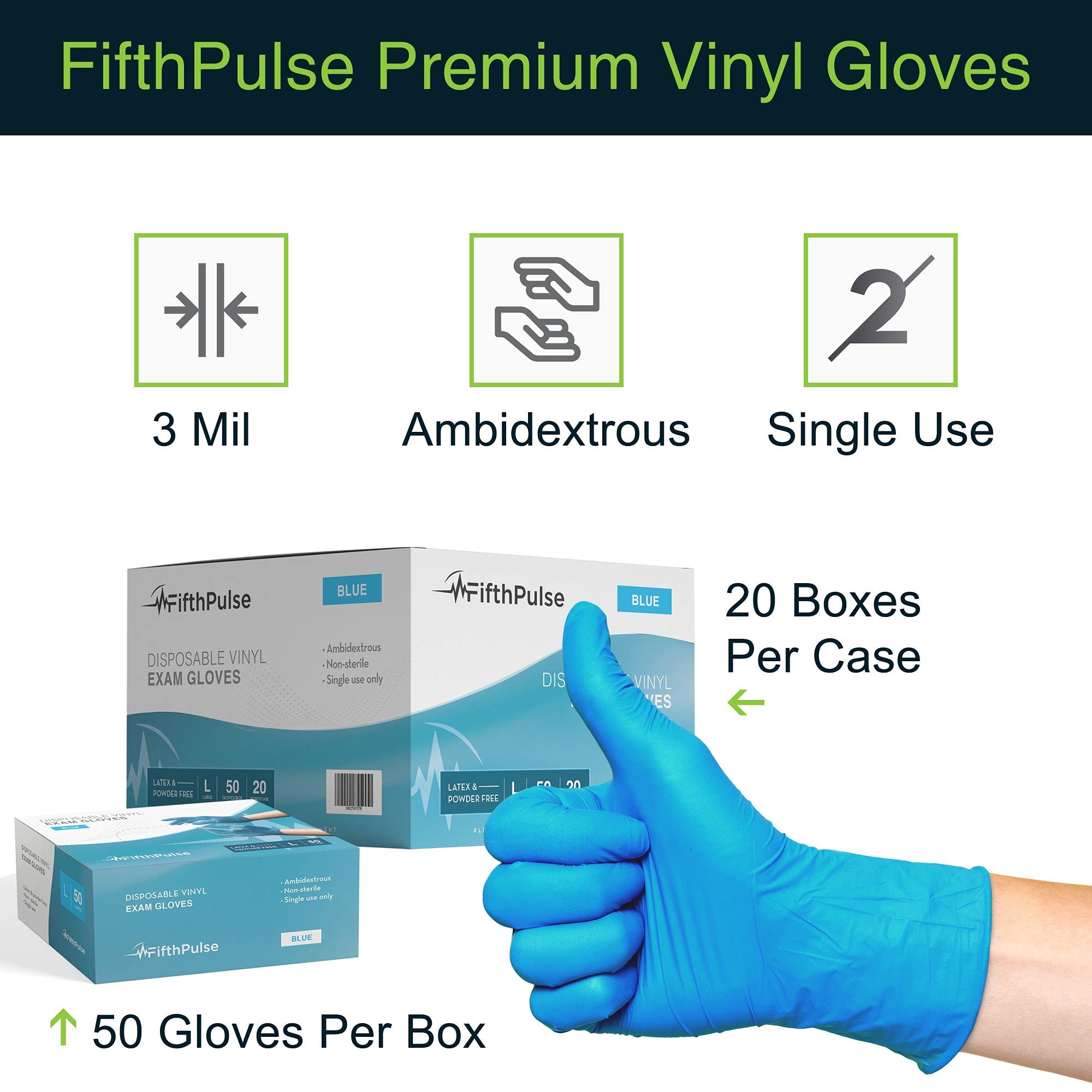 Blue Vinyl Disposable Gloves Large 50 Pack - Latex Free, Powder Free, Medical Exam, Surgical, Home, Cleaning, and Food Gloves - 3 Mil Thickness