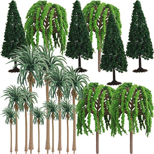 Model Trees Hobby Train Scenery Set Artificial Miniature Palm Coconut Weeping Willow Pine Décor Toy Kit with Green Leaves and Base DIY for Moss Landscape Tunnels Buildings Decoration AnyBack 18