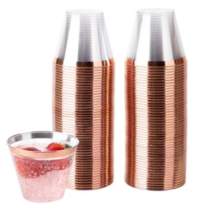 PLASTICPRO 9 oz Disposable Plastic Party Cups,Old fashioned Designed Tumblers, Crystal Clear (Clear With Rose Gold Rim, 100)