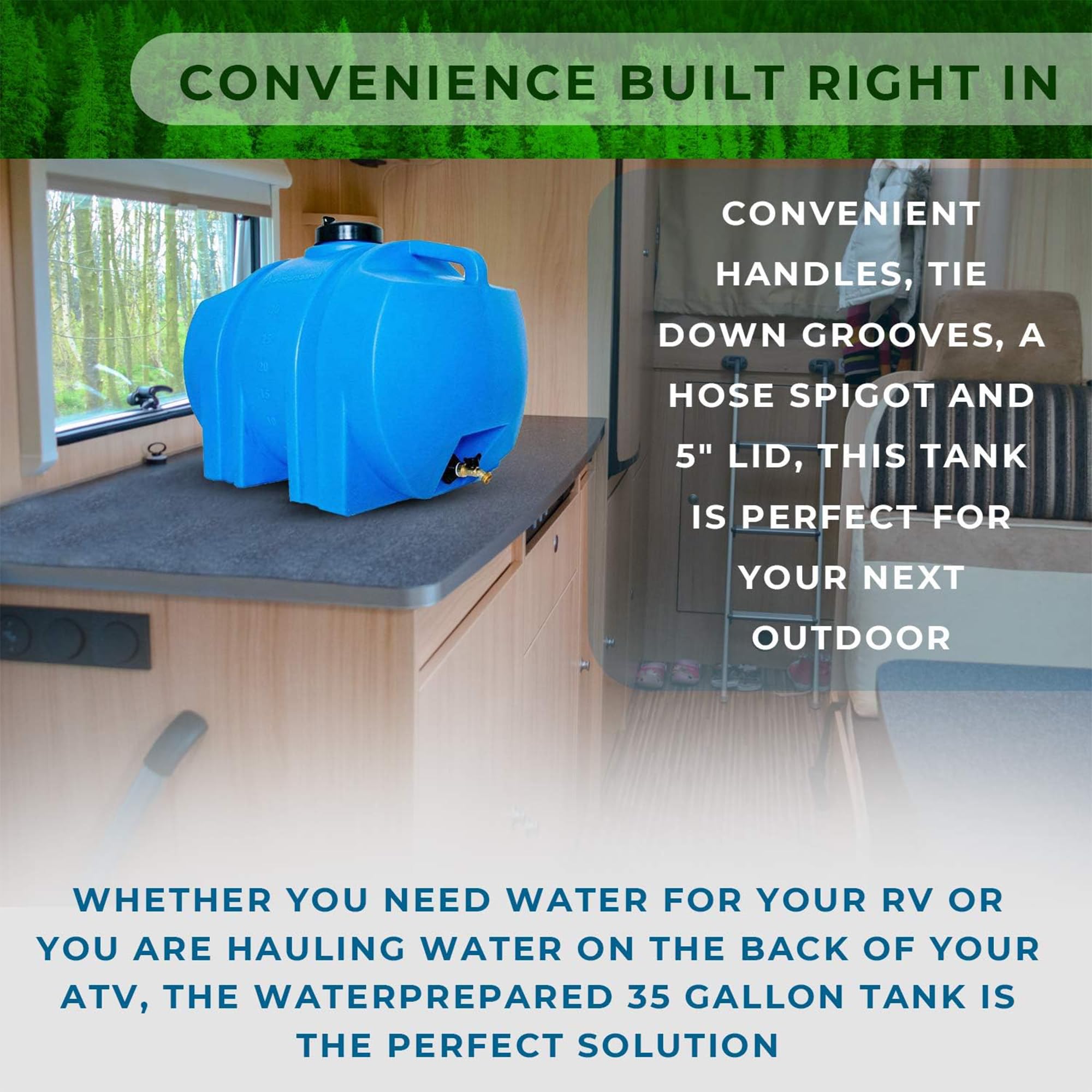 WaterPrepared 35 Gallon Utility Water Tank with Large Cap for Easy Filling, 3/4 Inch Brass Spigot, 2 Built in Strapping Points and 2 Handles, Blue