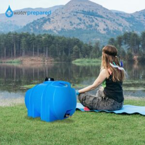 WaterPrepared 35 Gallon Utility Water Tank with Large Cap for Easy Filling, 3/4 Inch Brass Spigot, 2 Built in Strapping Points and 2 Handles, Blue