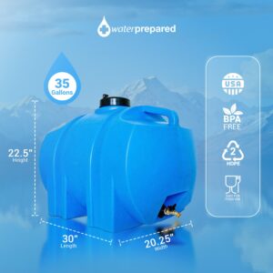 WaterPrepared 35 Gallon Utility Water Tank with Large Cap for Easy Filling, 3/4 Inch Brass Spigot, 2 Built in Strapping Points and 2 Handles, Blue