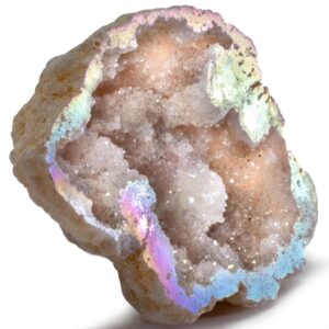 KALIFANO Angel Aura Quartz Geode - Titanium Bonded High Energy Crystal Cuarzo Cluster/Druzy with Information Card - Natural Reiki Rock Used for Clarity and Purpose (Family Owned and Operated)