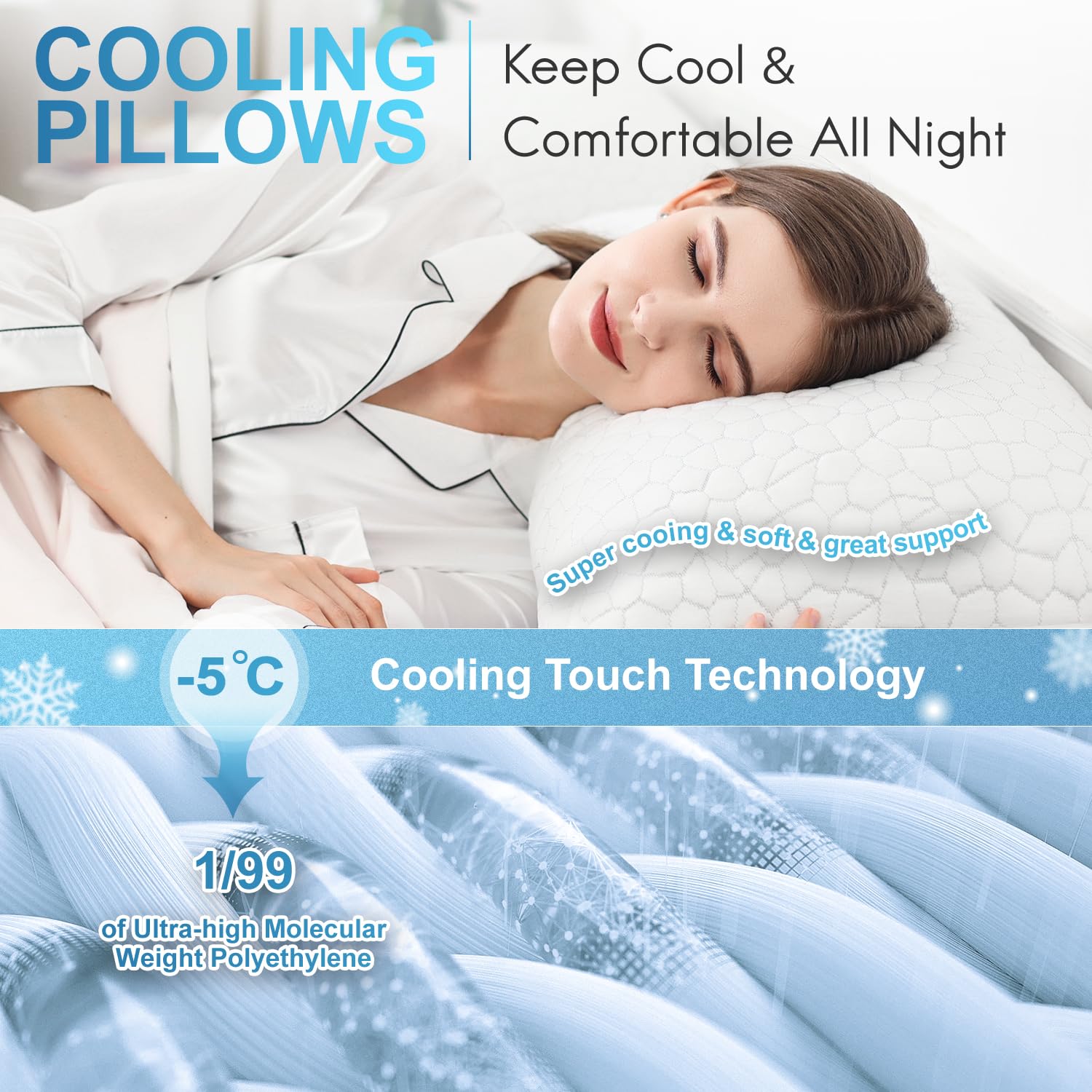 Cooling Bed Pillows for Sleeping, Shredded Memory Foam King Pillow 2 Pack, Gel Pillows King Size Set of 2, Support yet Soft Pillow for Side, Back Sleepers Adjustable Pillow with Removable Cover