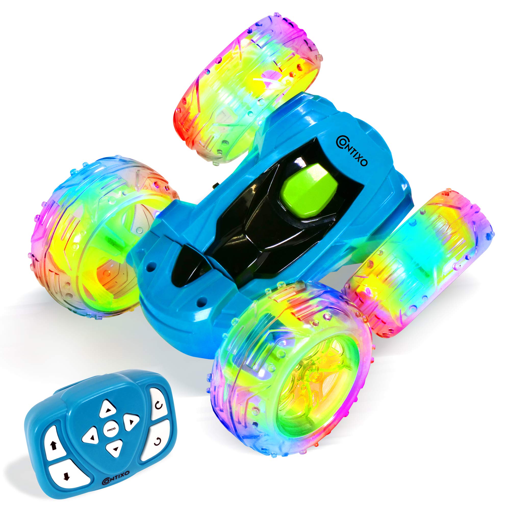 Contixo RC Stunt Car 4WD 2.4Ghz - Double Sided 360° Rotating Remote Control Toy with Lights, for Boys & Girls Age 4-12 Blue