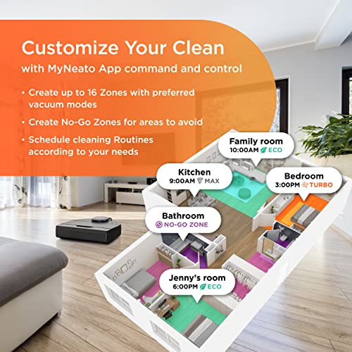 Neato D10 Intelligent Robot Vacuum Cleaner–LaserSmart Nav, Smart Mapping, Cleaning Zones, WiFi Connected, 300-min runtime, Powerful Suction, Max Clean, Edges, Corners & Pet Hair, XXL Dustbin, Alexa