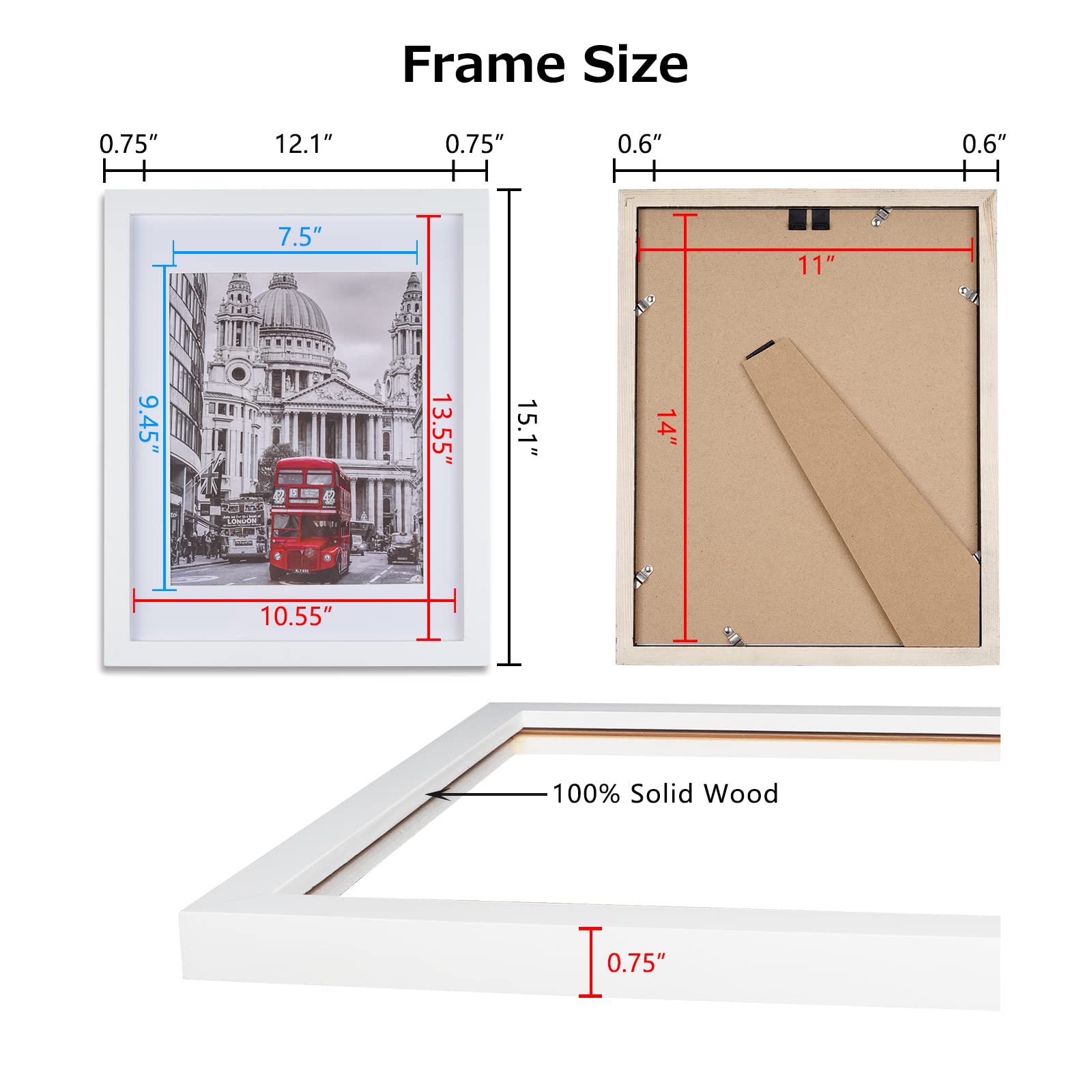 11x14 Picture Frame Set of 6, Display Pictures 8x10 with Mat or 11x14 without Mat, Tabletop Display and Wall Hanging, Made of Solid wood, Classic photo Frame for Wall Gallery Home Decor, White