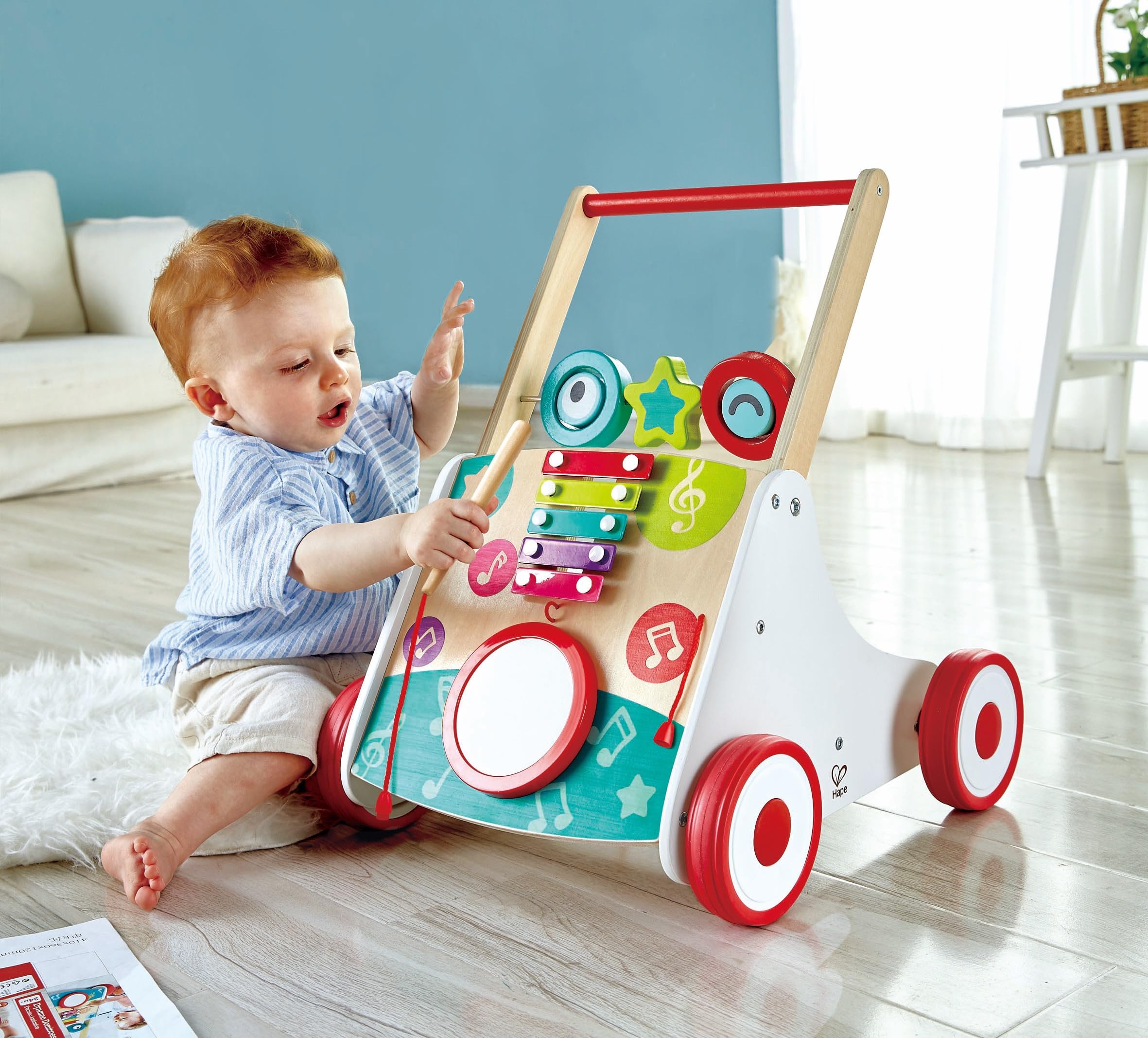 Hape Wooden Push and Pull Music Learning Walker| Multiple Activities Center for Toddlers Ages 10 Months and Up