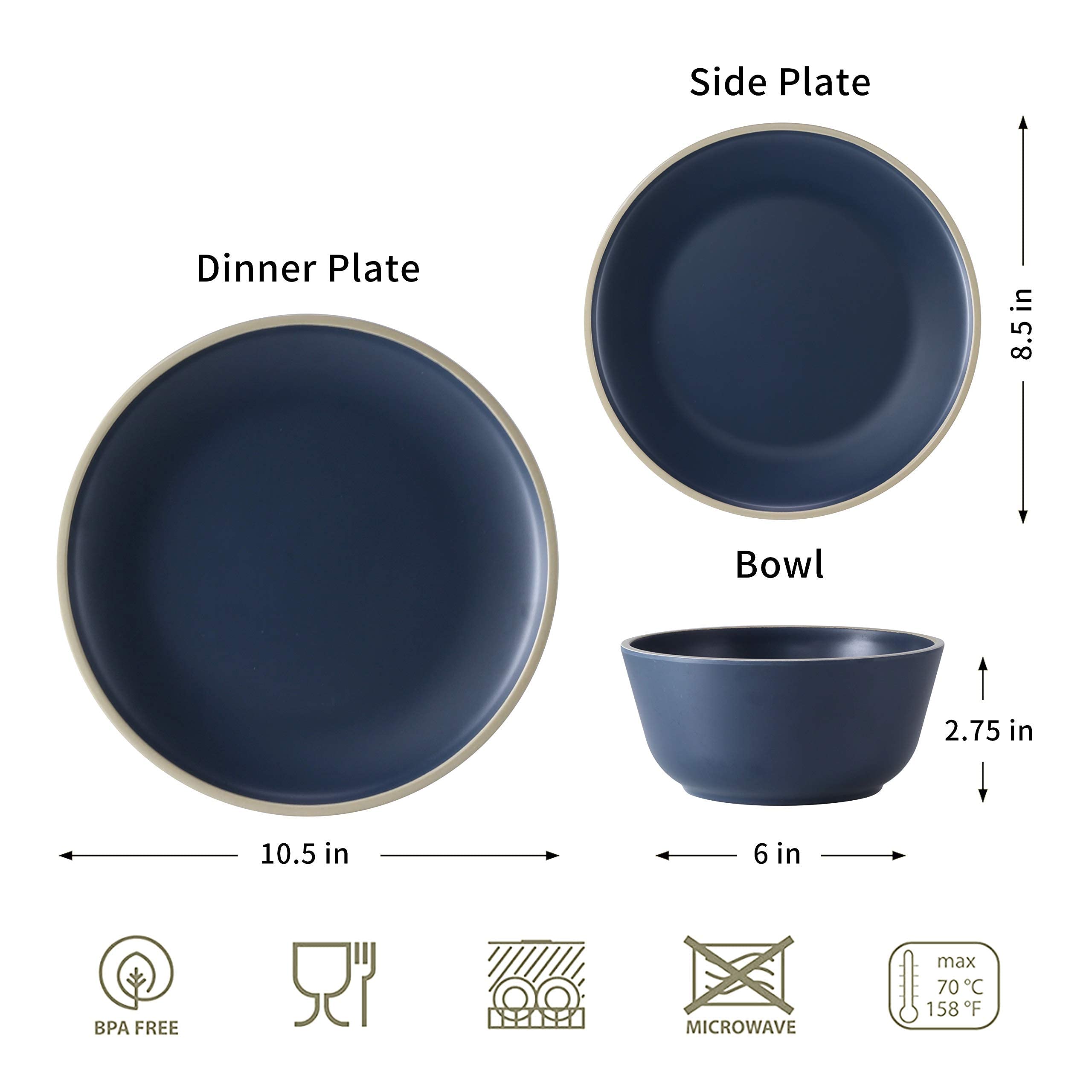 Gufaith Melamine Dinnerware Sets for 4, Plates and Bowls Sets 12 Pcs, Melamine Plates, Nautical Dinnerware Sets, Modern Style,Dishwasher Safe, BPA Free, Suitable Indoor and Outdoor Use (Deep Blue)