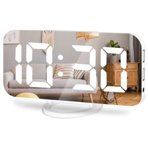 lamisola digital alarm clock, large led mirror display, 2 usb charging ports，auto dim mode，modern design clock for bedroom office, white