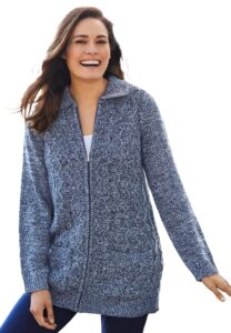 woman within women's plus size marled zip-front cable knit cardigan - 1x, navy sky blue marled