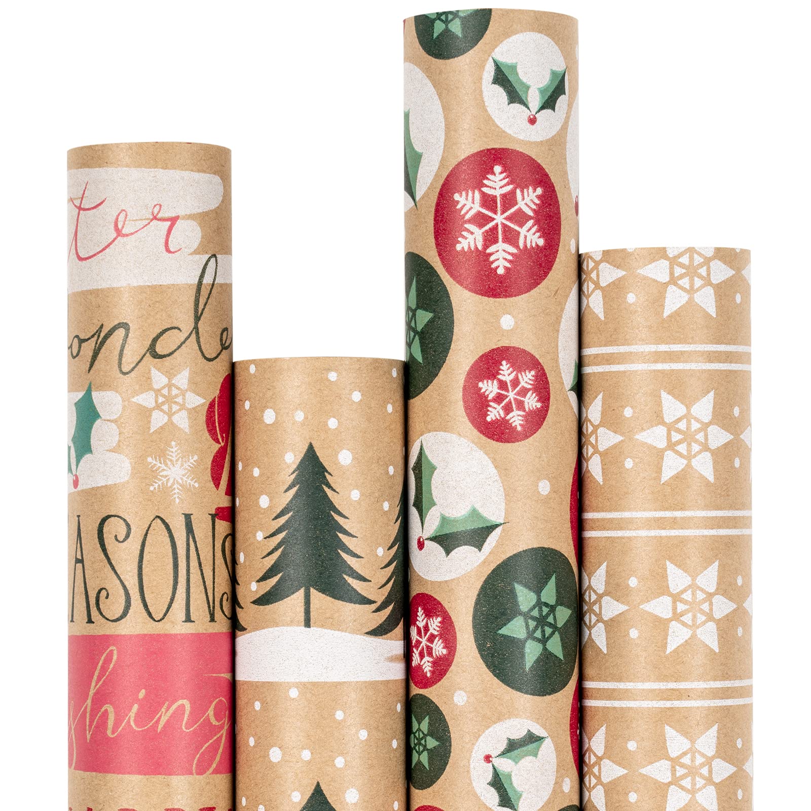 RUSPEPA Christmas Wrapping Paper, Kraft Paper - Christmas Tree, Snowflake and Seasonal Brocade Style Designs - 4 Rolls - 30 inches x 10 feet per Roll