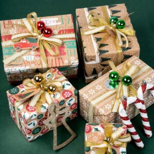 RUSPEPA Christmas Wrapping Paper, Kraft Paper - Christmas Tree, Snowflake and Seasonal Brocade Style Designs - 4 Rolls - 30 inches x 10 feet per Roll