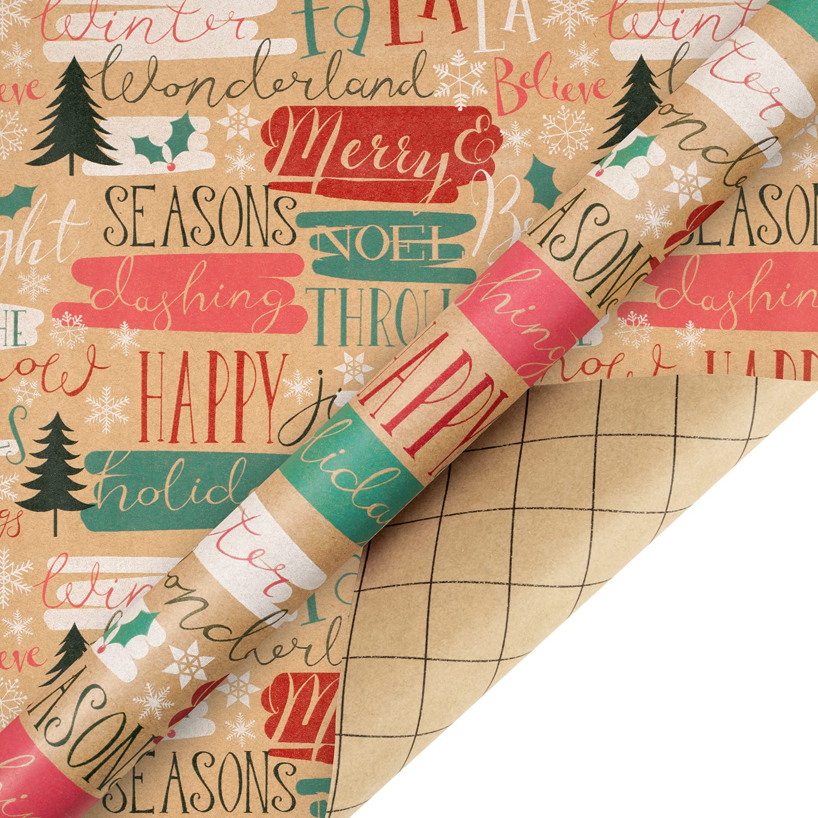 RUSPEPA Christmas Wrapping Paper, Kraft Paper - Christmas Tree, Snowflake and Seasonal Brocade Style Designs - 4 Rolls - 30 inches x 10 feet per Roll