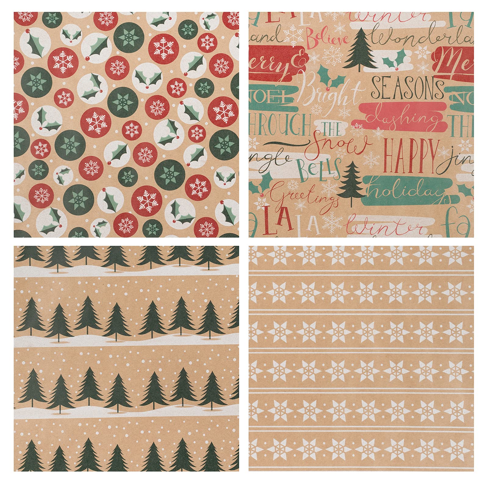 RUSPEPA Christmas Wrapping Paper, Kraft Paper - Christmas Tree, Snowflake and Seasonal Brocade Style Designs - 4 Rolls - 30 inches x 10 feet per Roll