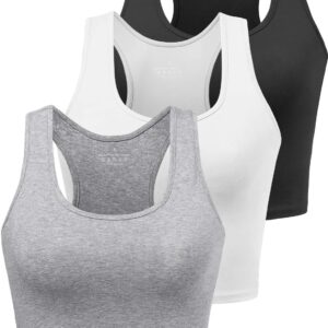 Porvike 3-Pack Sports Crop Tank Tops for Women: Racerback Yoga, Running, Gym Workout Shirts (S, Black/White/Grey)