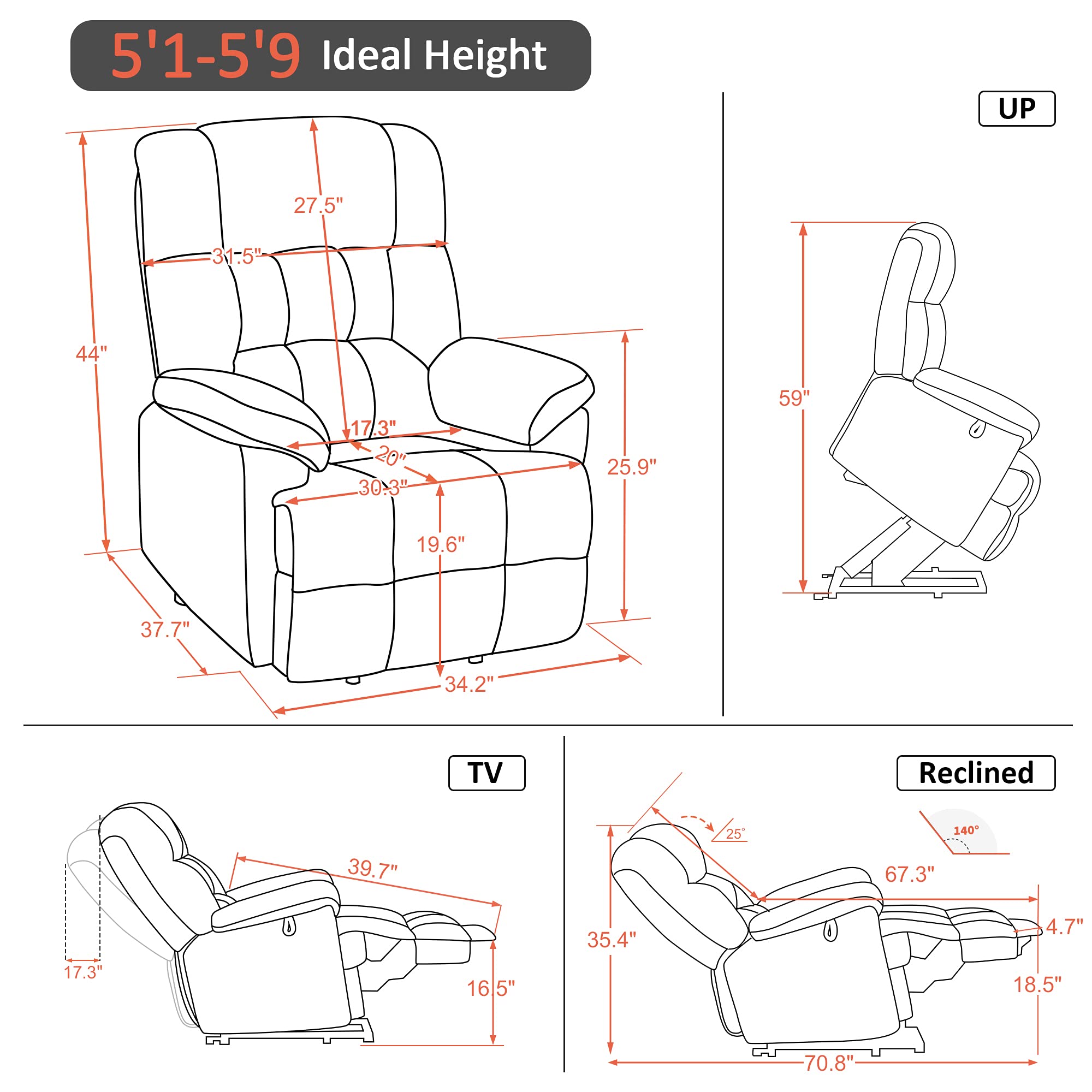 MCombo Power Lift Recliner Chair Sofa with Massage and Heat, Adjustable Headrest, 3 Positions, USB Ports, for Elderly People, 7533 (Fabric, Grey)