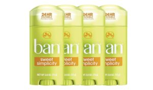 ban sweet simplicity 24-hour invisible antiperspirant, 2.6oz solid deodorant, underarm wetness protection, with odor-fighting ingredients (4 pack)