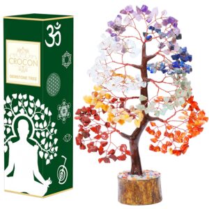 Crocon Seven Chakra Gemstone Tree Copper Wire Feng Shui Money Bonsai Good Luck Chakra Healing Crystals Home Decoration Ornament Figurine Wealth Prosperity Gift Size: 10-12"