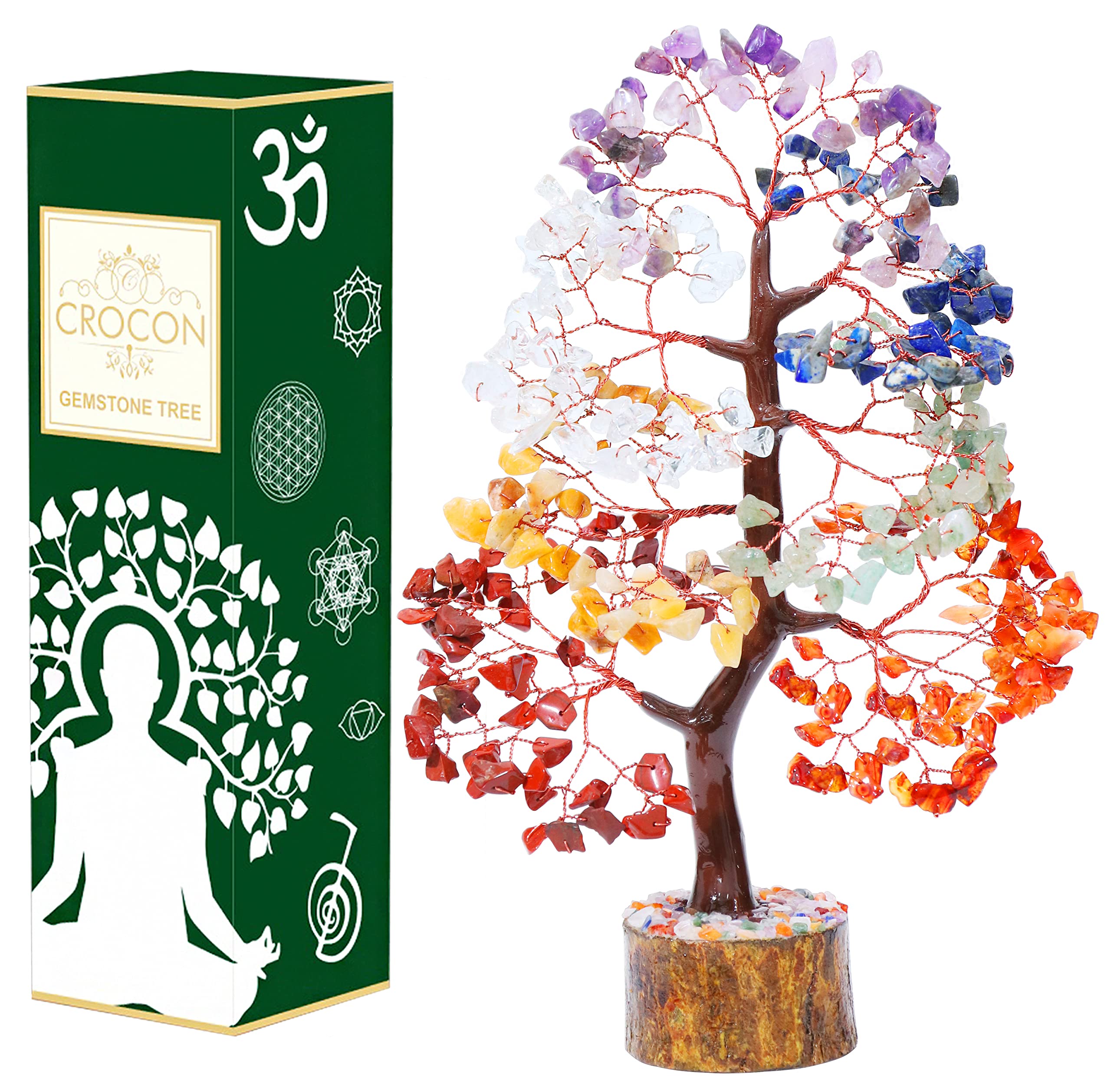 Crocon Seven Chakra Gemstone Tree Copper Wire Feng Shui Money Bonsai Good Luck Chakra Healing Crystals Home Decoration Ornament Figurine Wealth Prosperity Gift Size: 10-12"