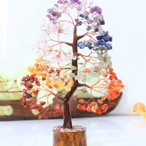 Crocon Seven Chakra Gemstone Tree Copper Wire Feng Shui Money Bonsai Good Luck Chakra Healing Crystals Home Decoration Ornament Figurine Wealth Prosperity Gift Size: 10-12"