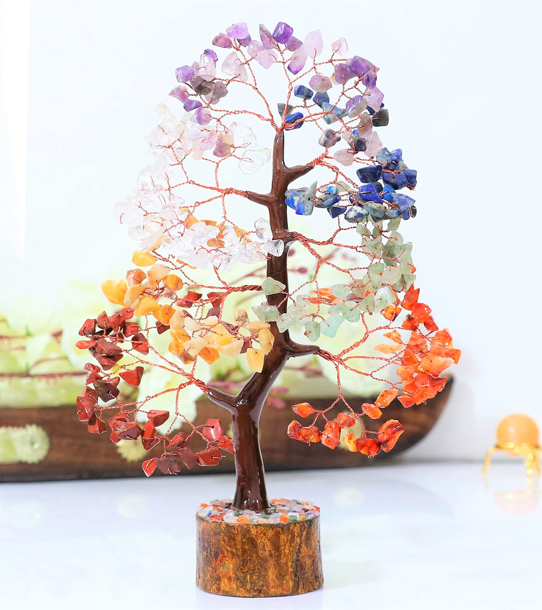 Crocon Seven Chakra Gemstone Tree Copper Wire Feng Shui Money Bonsai Good Luck Chakra Healing Crystals Home Decoration Ornament Figurine Wealth Prosperity Gift Size: 10-12"