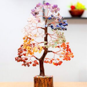 Crocon Seven Chakra Gemstone Tree Copper Wire Feng Shui Money Bonsai Good Luck Chakra Healing Crystals Home Decoration Ornament Figurine Wealth Prosperity Gift Size: 10-12"