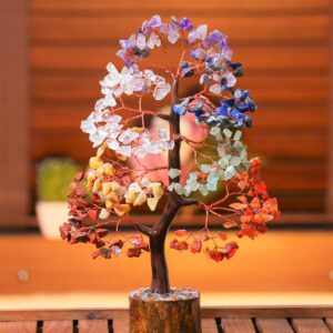 Crocon Seven Chakra Gemstone Tree Copper Wire Feng Shui Money Bonsai Good Luck Chakra Healing Crystals Home Decoration Ornament Figurine Wealth Prosperity Gift Size: 10-12"