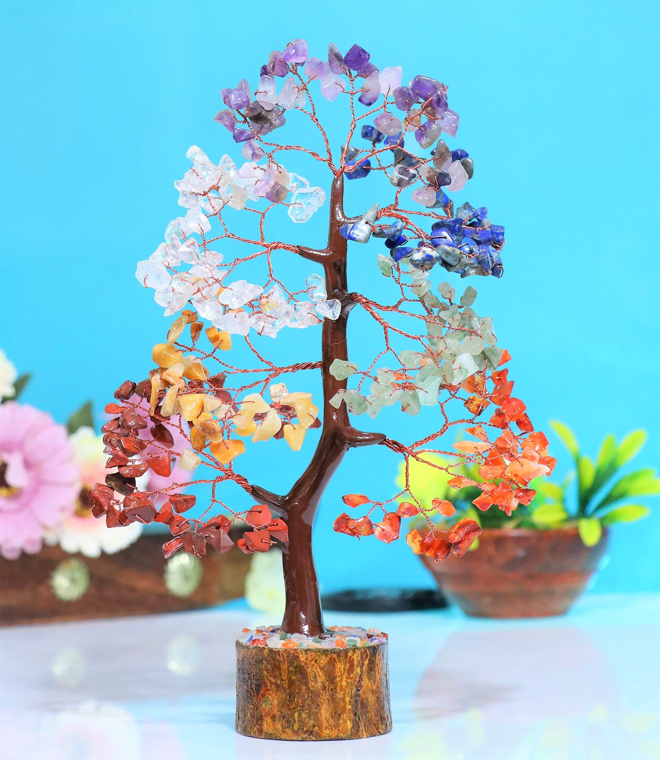 Crocon Seven Chakra Gemstone Tree Copper Wire Feng Shui Money Bonsai Good Luck Chakra Healing Crystals Home Decoration Ornament Figurine Wealth Prosperity Gift Size: 10-12"