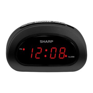 SHARP Small Digital Alarm Clock with Snooze and Battery Backup, Easy to Use Top Button Controls for Simple Use, Black Case with Red Easy to Read LED Display