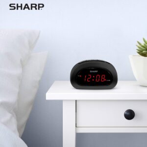 SHARP Small Digital Alarm Clock with Snooze and Battery Backup, Easy to Use Top Button Controls for Simple Use, Black Case with Red Easy to Read LED Display