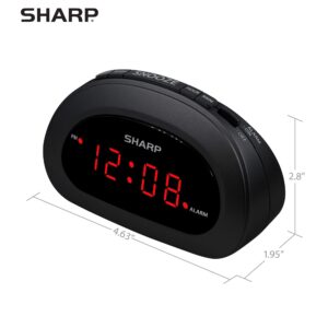 SHARP Small Digital Alarm Clock with Snooze and Battery Backup, Easy to Use Top Button Controls for Simple Use, Black Case with Red Easy to Read LED Display