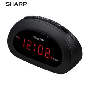 SHARP Small Digital Alarm Clock with Snooze and Battery Backup, Easy to Use Top Button Controls for Simple Use, Black Case with Red Easy to Read LED Display