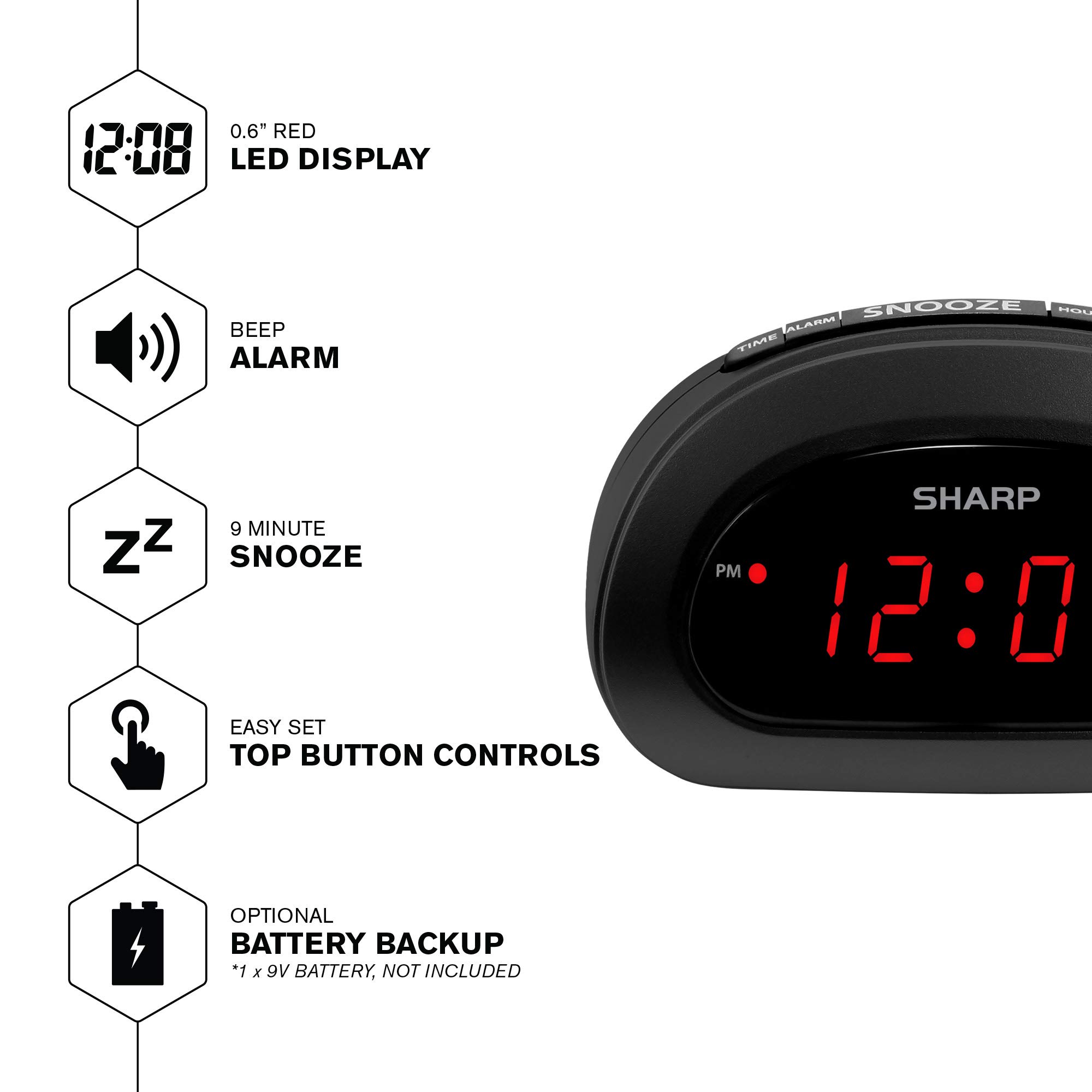 SHARP Small Digital Alarm Clock with Snooze and Battery Backup, Easy to Use Top Button Controls for Simple Use, Black Case with Red Easy to Read LED Display