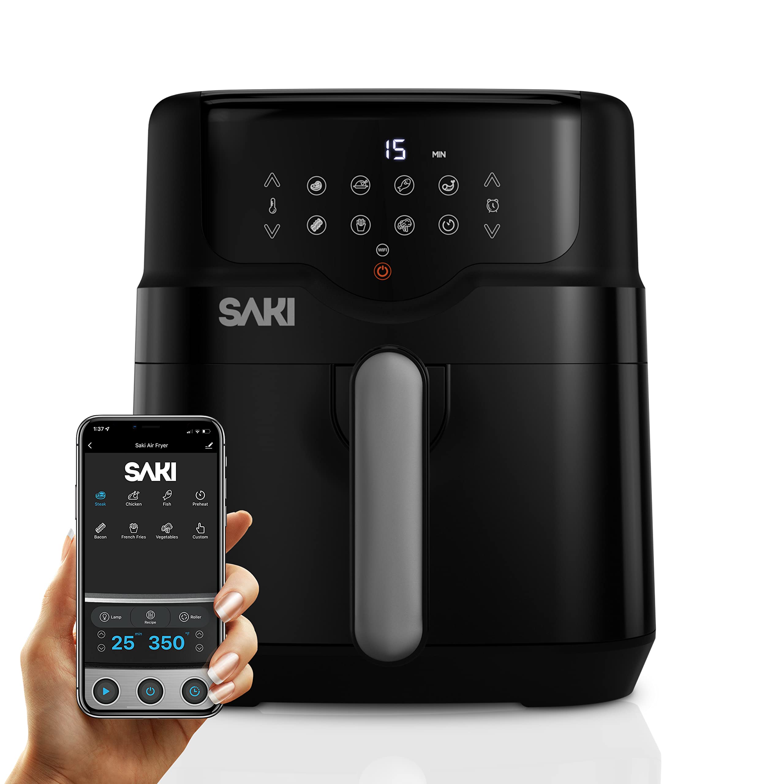 SAKI Smart WiFi Air Fryer 5 Quart, Air Fryer, Preheat, 7 Cooking Functions, 100 Recipes & Accessories Included, HF-8350DT, Black