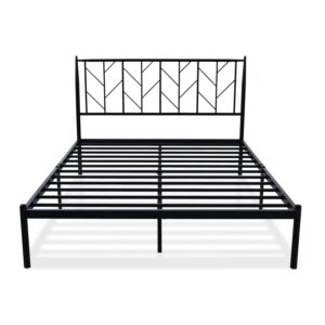 Allewie Queen Size Platform Bed Frame with Vintage Headboard, 14 Inches Metal Mattress Foundation for Storage, No Box Spring Needed, Easy Assembly, Modern, Black