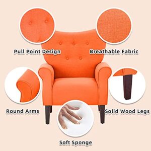 YOLENY Modern Accent Chair,High Back Armchair,Upholstered Fabric Button Single Sofa with Wooden Legs for Living Room,Bedroom,Club,Orange