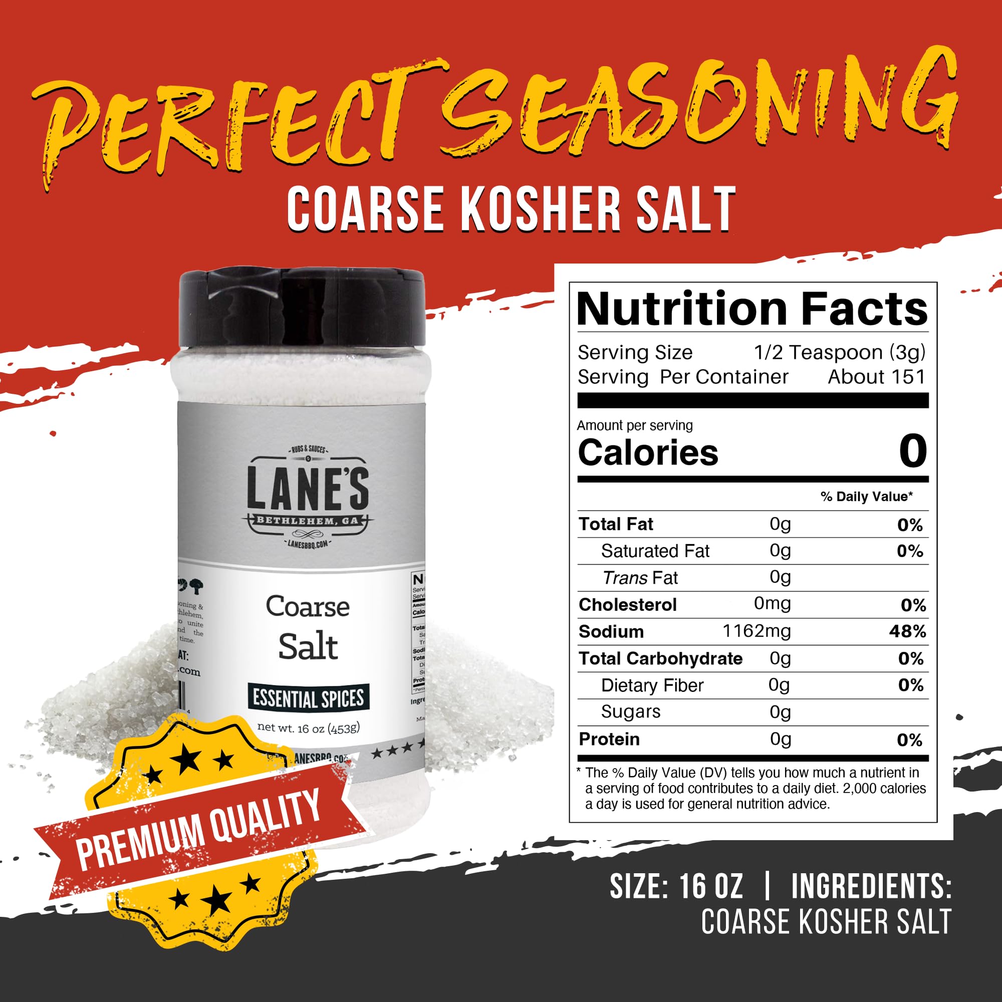 Lane's Kosher Salt Coarse Sea Salt Seasoning, All-Natural Premium Coarse Salt for BBQ, Gluten-Free Coarse Kosher Salt, No MSG, Made in USA, 16 Oz