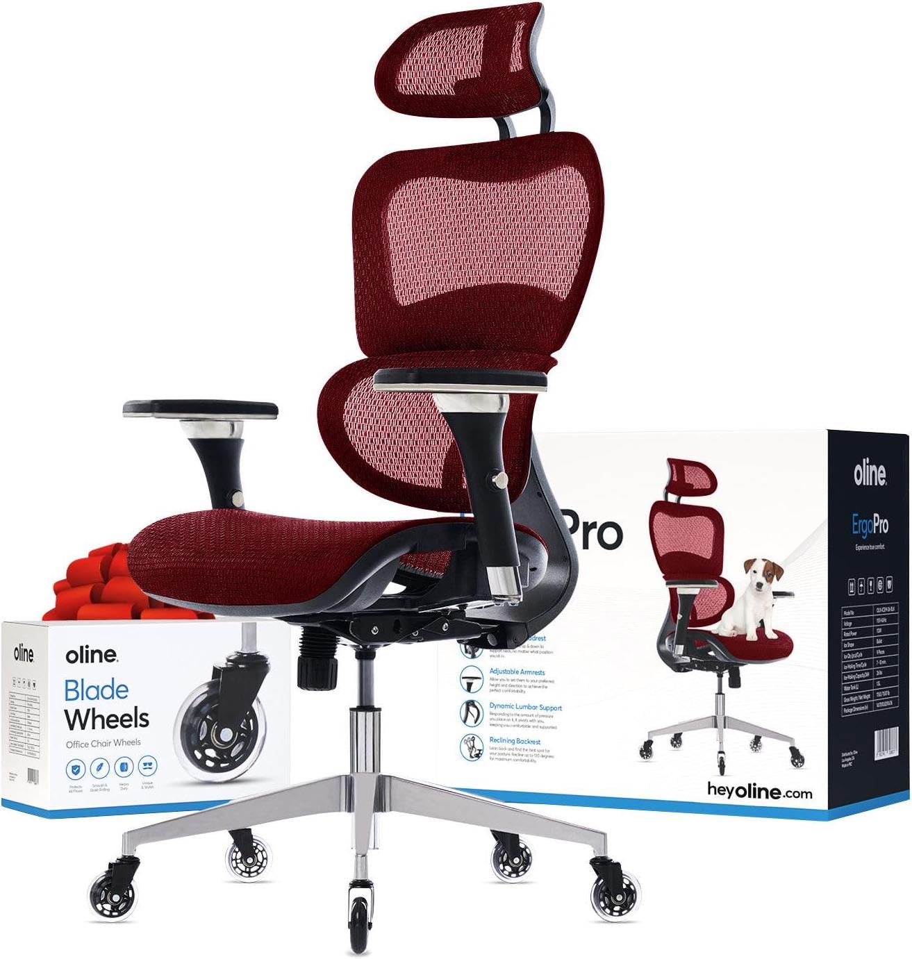 Oline ErgoPro Ergonomic Office Chair - Rolling Desk Chair with 4D Adjustable Armrest, 3D Lumbar Support and Blade Wheels - Mesh Computer Chair, Gaming Chairs, Executive Swivel Chair (Burgundy Red)