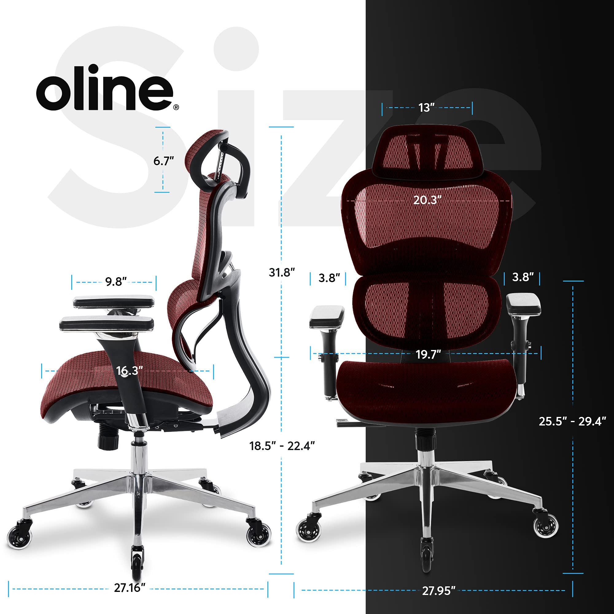 Oline ErgoPro Ergonomic Office Chair - Rolling Desk Chair with 4D Adjustable Armrest, 3D Lumbar Support and Blade Wheels - Mesh Computer Chair, Gaming Chairs, Executive Swivel Chair (Burgundy Red)