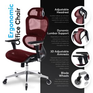 Oline ErgoPro Ergonomic Office Chair - Rolling Desk Chair with 4D Adjustable Armrest, 3D Lumbar Support and Blade Wheels - Mesh Computer Chair, Gaming Chairs, Executive Swivel Chair (Burgundy Red)