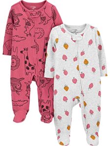 simple joys by carter's baby girls' 2-way zip thermal footed sleep and play, pack of 2, dark rose forest animals/grey strawberries, newborn