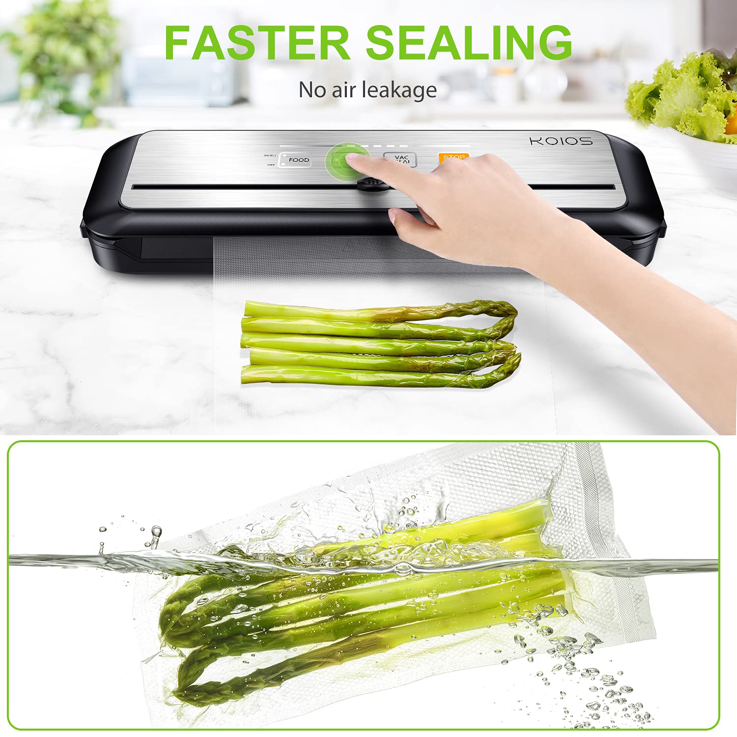 KOIOS Vacuum Sealer Machine, 90Kpa Automatic Food Sealer with Cutter, 8-in-1 Food Vacuum Machine, Pulse Function, Dry&Moist Modes, Compact Design, LED Indicator Lights, 10pcs bags included, Silver