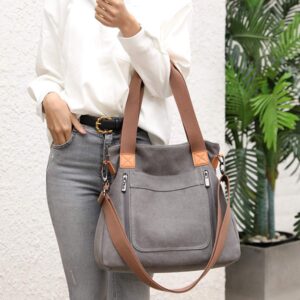 Women's Canvas Tote Handbags Vintage Casual Shoulder Work Bag Crossbody Purses (Grey) One Size