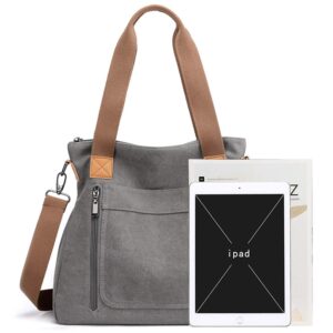 Women's Canvas Tote Handbags Vintage Casual Shoulder Work Bag Crossbody Purses (Grey) One Size